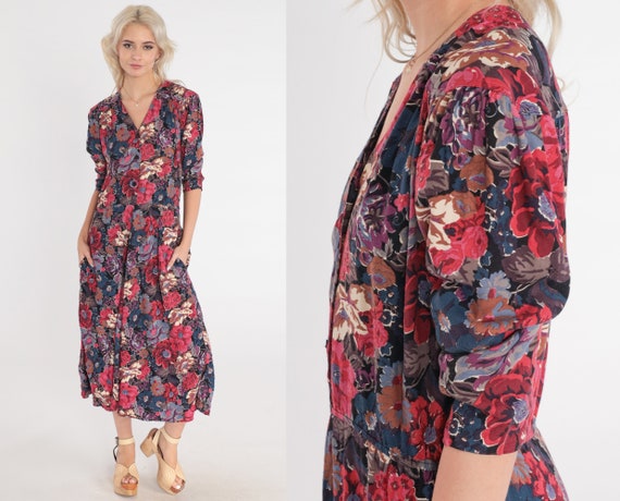 Floral Day Dress 80s Button up Midi Dress Puff Sl… - image 1