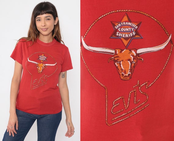 70s Levi's T Shirt San Francisco County Sheriff Longhorn Cowboy Shirt Bull Rodeo Graphic Tshirt Cow Shirt 1970s Vintage Red Extra Small xs
