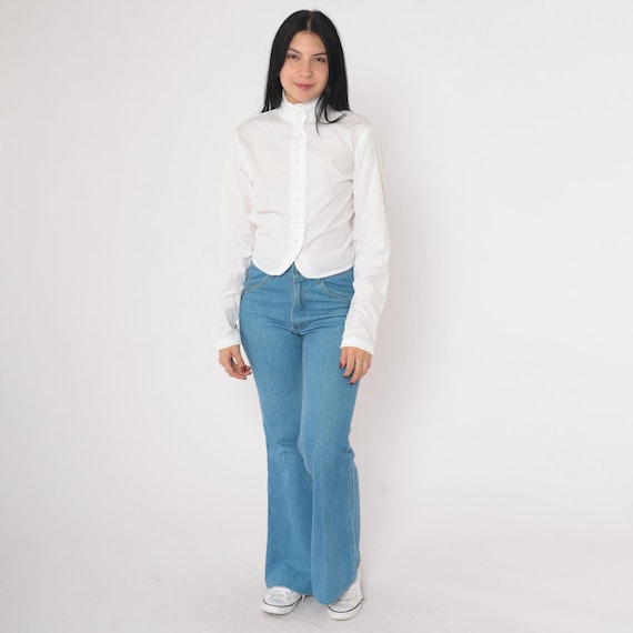 Vintage Y2K DKNY White Ruffle Blouse High Neck Button Up Front Fitted Shirt 00s Donna Karan New York Romantic Crisp Formal Party Small 6