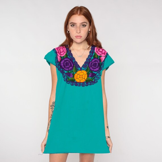 Mexican Embroidered Top Teal Green Floral Shirt Hippie Blouse Boho Shirt FESTIVAL Tunic V Neck Cap Sleeve Bohemian Vintage Small Medium