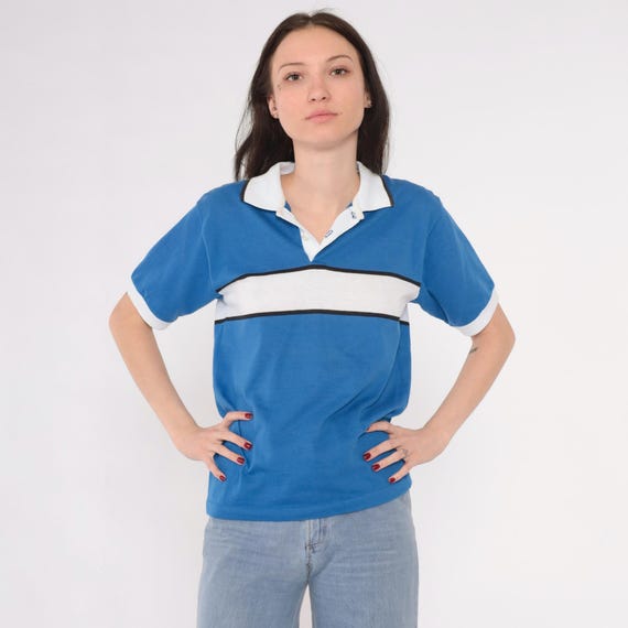 80s Blue Striped Polo Shirt Vintage White Half Button Up Shirt Retro Tshirt Collared 1980s Short Sleeve Small S