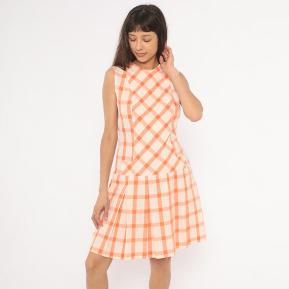 60s Gingham Mod Scooter Dress Drop Waist Dress Orange Cream Plaid Sleeveless Pleated Skirt Checkered Shift Summer Cotton Vintage Small S
