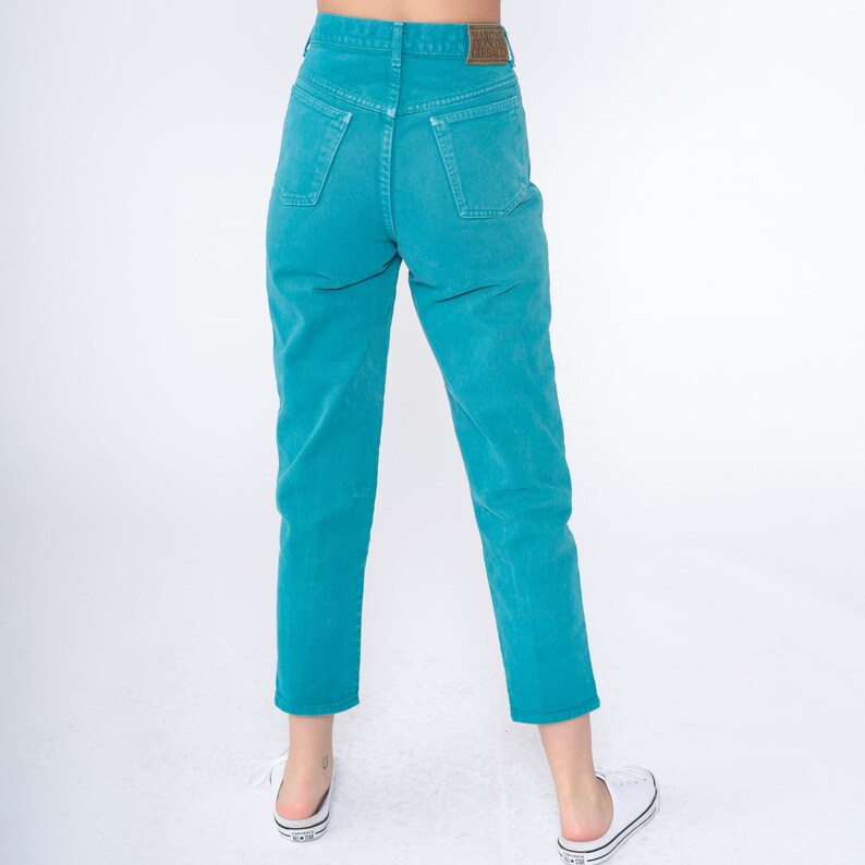 Teal Jeans 90s Ankle Jeans High Waisted Rise Slim Tapered Leg Denim Pants Retro Cropped Mom Jeans Blue Green Vintage 1990s Extra Small XS image 8