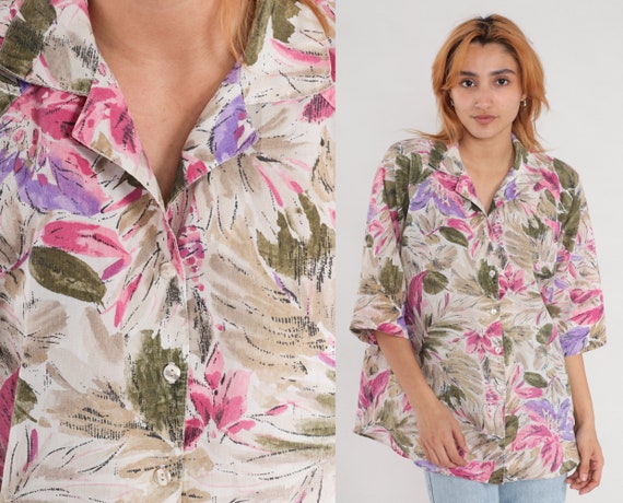 90s Floral Blouse Tan Button Up Shirt Olive Green Purple Pink 3/4 Sleeve Top Boho 1990s Vintage Collared Shirt Flower Print 2xl 2x xxl