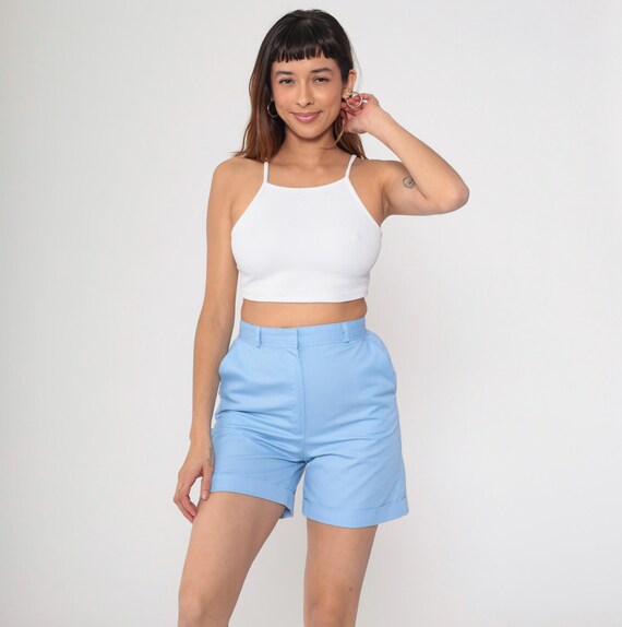 70s Wrangler Shorts Baby Blue High Waisted Shorts Vintage Retro Trouser Shorts Cuffed Plain Shorts Summer Cotton Blend 1970s Small