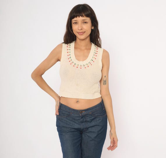 70s Hippie Embroidered Knit Vest Cream Crop Tank  Beaded Folk Sleeveless Cotton Pullover Cross Stitch Prairie Cottagecore Academic Small S