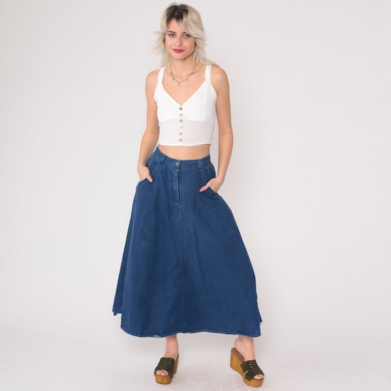 Denim Midi Skirt 90s Blue Jean Skirt High Waisted A-Line Pocket Skirt Ankle Length Retro Basic Plain Simple Blue Vintage 1990s Cotton Small