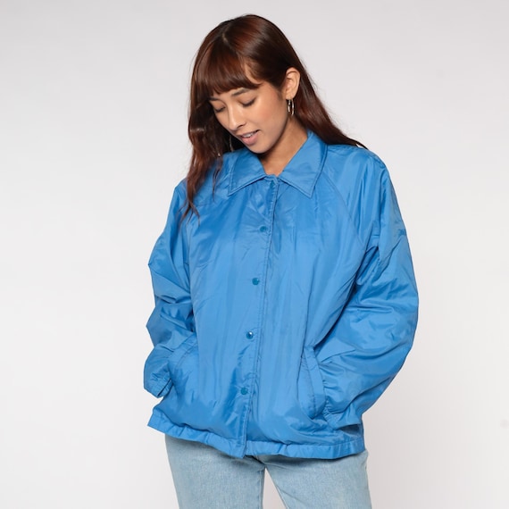 Blue Windbreaker 80s Bright Electric Sears Lining Button Front Fall Autumn Layering Casual Streetwear Camping Hiking Outerwear Large L 16-18