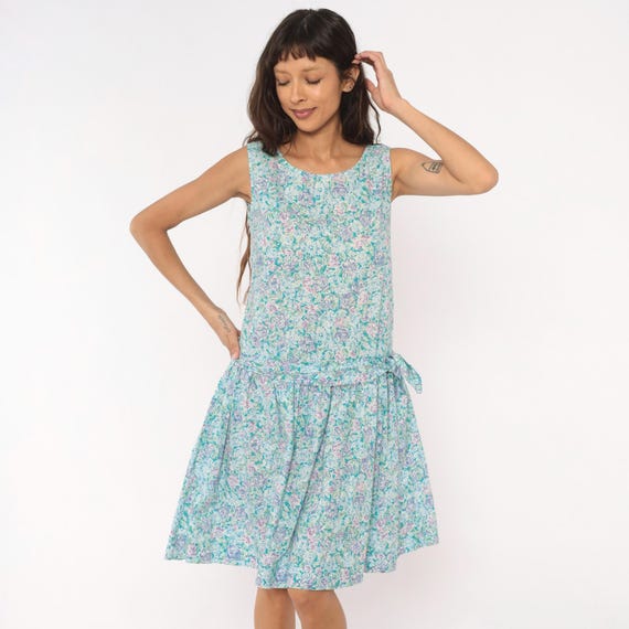 90s Laura Ashley Floral Sundress Cotton Drop Waist Sleeveless Teal Purple Pink Garden Prairie Tie Side Summer Tank Cottage Core Small S