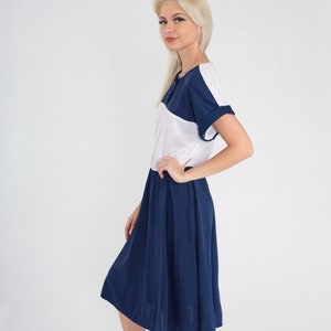 80s Nautical Dress Anchor Button Color Block Navy Blue Day Dress White Midi Sailor Short Sleeve High Waist Vintage 1980s Slouch Medium Large image 5