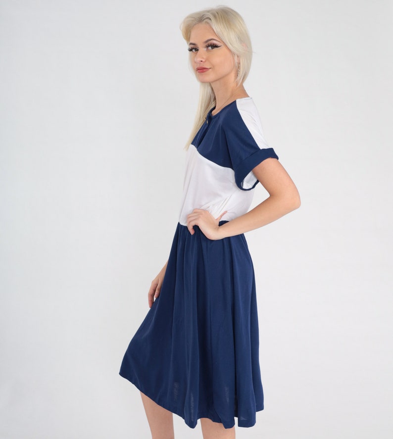 80s Nautical Dress Anchor Button Color Block Navy Blue Day Dress White Midi Sailor Short Sleeve High Waist Vintage 1980s Slouch Medium Large image 5