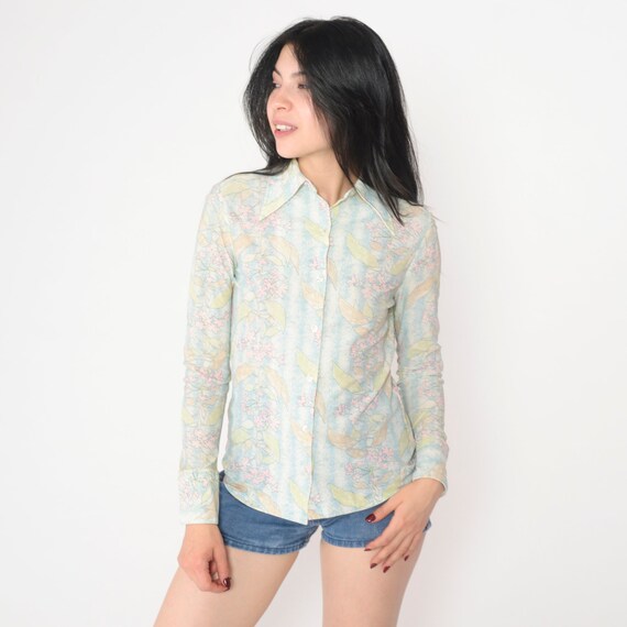 70s Floral Blouse Disco Shirt Button Up Top Dagge… - image 2