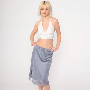 Vintage Grey Slip Skirt 80s Lace Trim Rosette Nylon Midi Lingerie Skirt Side Slit Half Slip Retro Pinup Elastic Waist Romantic Pin Up Medium