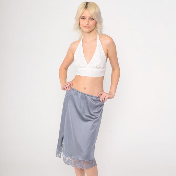 Vintage Grey Slip Skirt 80s Lace Trim Rosette Nylon Midi Lingerie Skirt Side Slit Half Slip Retro Pinup Elastic Waist Romantic Pin Up Medium
