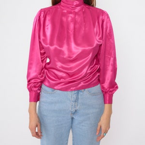 Pink Satin Shirt 80s Puff Sleeve Blouse Vintage Silky High Mock Neck Fuchsia Shirt Draped Long Sleeve Button Back Extra Small xs 2 Petite image 8