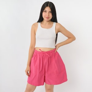 90s Bright Pink Baggy Shorts Elastic Waist Paper Bag Shorts Lounge High Waisted Vintage Pockets Cotton Shorts 1990s Plain Medium Large