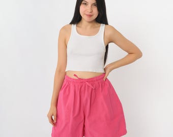 90s Bright Pink Baggy Shorts Elastic Waist Paper Bag Shorts Lounge High Waisted Vintage Pockets Cotton Shorts 1990s Plain Medium Large