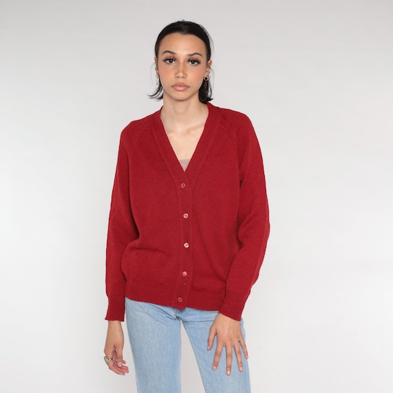 Red Wool Cardigan 80s Button up Knit Sweater Basic Plain Solid Simple Grandpa Sweater V Neck Slouchy Fall Minimalist Vintage 1980s Small S