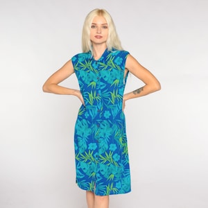Blaues Tropisches Kleid Y2k Mini Shirtkleid Hawaiianischer Blattdruck Print Kleid mit Knöpfen Ärmellos Aloha Sommerkleid Sommerkleid Vintage 00s Large 12