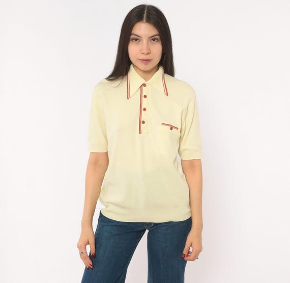 70s Ban Lon Polo Cream Knit Shirt Rust Collar Button Front Short Sleeve Top Butter Yellow Preppy Collegiate Sporty Vintage Blouse Medium M