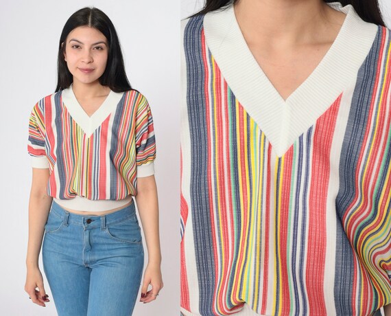 70s Striped Crop Top Bright Multicolor Shirt V Neck Cropped Shirt Boho Seventies 1970s Shirt Retro Short Sleeve Tee Vintage Small Medium