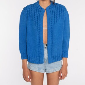 Blue Cardigan Sweater 70s Open Front Sweater Vintage Acrylic Knit 1970s Grandma Small S image 4