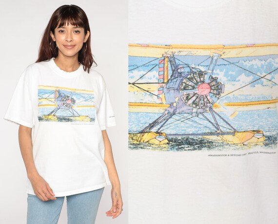 Vintage Seaplane Shirt 90s Airplane T-Shirt Washington and Beyond Seattle TShirt Aviation Graphic Tee 1990s Gildan Just Plane Shirts Large L