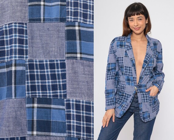 80s Plaid Blazer Blue Patchwork Chambray Jacket C… - image 2