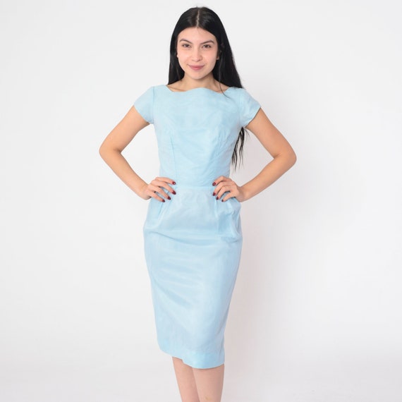 Baby Blue Party Dress 60s Cocktail Dress Scalloped Neckline High Waisted Sheath Cap Sleeve Knee Length Midi Vintage 1960s Extra Small xs