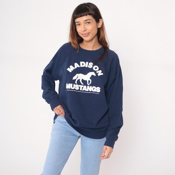 Madison Mustangs Sweatshirt 90s Navy Blue Hanes Crewneck Pullover Horse Logo Vintage School Athletic Team Wear Long Sleeve Extra Large XL