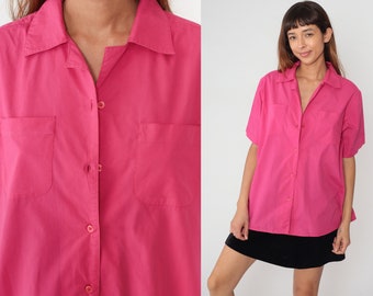 Pink Blouse 80s Button Up Shirt Plain Short Sleeve Top Preppy Basic Collared Minimalist Simple Solid Chest Pocket Vintage 1980s xl 18w