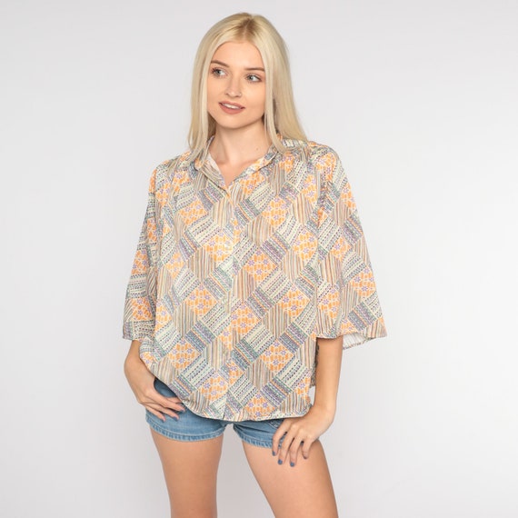 70s Blouse Patchwork Striped Floral Print Button Up Shirt Boho Top Hippie Print Seventies Summer 3/4 Sleeve Retro Vintage 1970s Large L