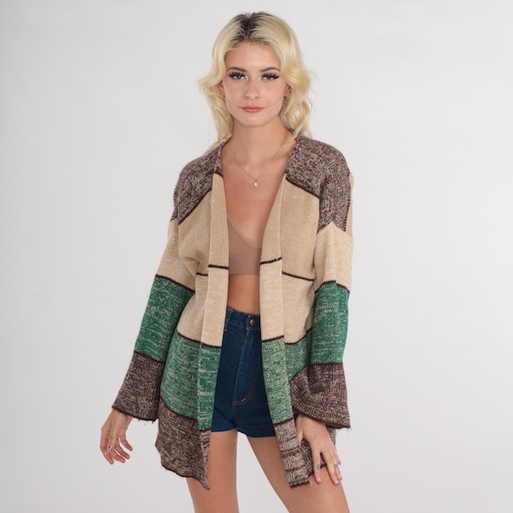 Striped Cardigan 70s Open Front Knit Sweater Retro Fall Wrap Sweater Knitwear Brown Beige Green Space Dye Acrylic Vintage 1970s Medium Large