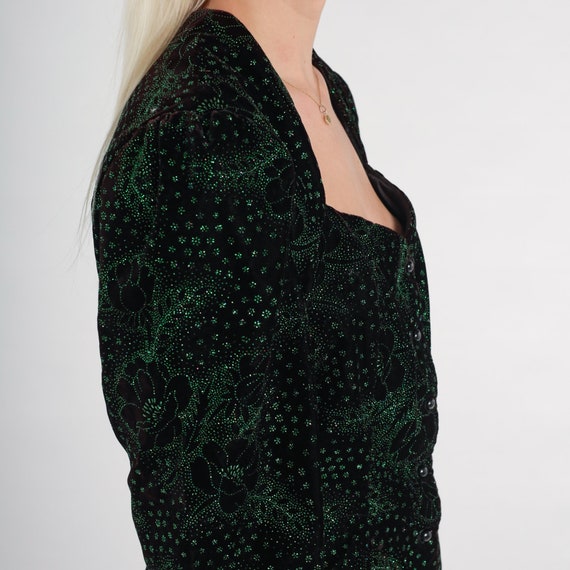 80s Velvet Blouse Sparkly Green Black Floral Shir… - image 7