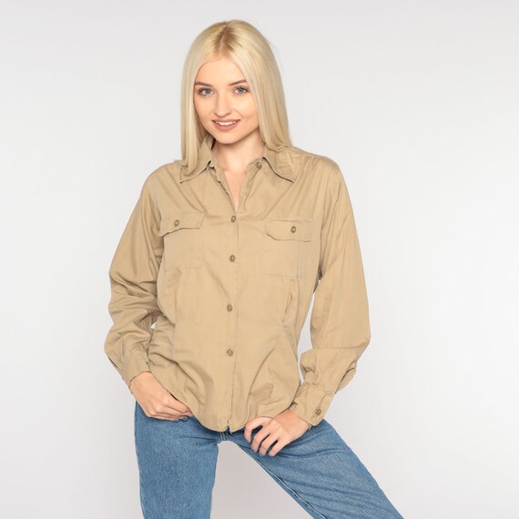 Tan Button Up Shirt 90s Plain Long Sleeve Blouse Simple Collared Top Retro Basic Minimalist Preppy Casual Khaki Shirt Vintage 1990s Small S