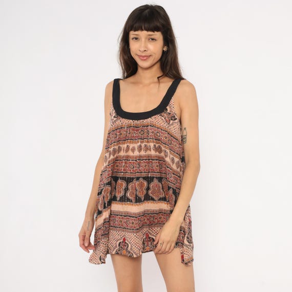 Y2K Indian Mini Dress Block Print Cotton Tank Sleeveless Paisley Black Burgundy Metallic Summer Sundress Bohemian Hippie Pullover Small S