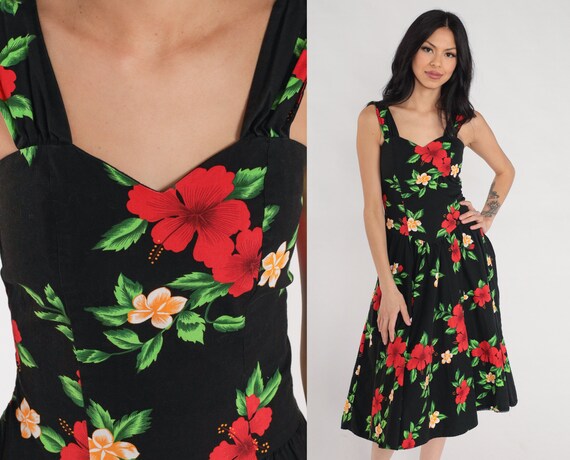 Hawaiian Sun Dress Black Floral Dress Smocked Sweetheart Sundress Midi Summer Dress Vintage Full Skirt Basque Waist Fit and Flare Small S Etsy Canada