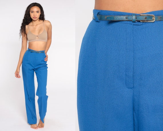 70s Wide Leg Pants -- 1970s Blue Trousers Creased Str… - Gem