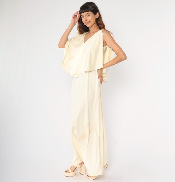 70s Cream Bohemian Dress M Capelet Gown Lace Applique Grecian Maxi Party 1970s Boho Formal Empire Waist Evening Gown Size Medium