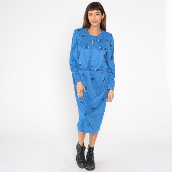 Blue Brushstroke Dress 80s Midi Dress Puff Sleeve Keyhole High Waisted Blouson Dress Retro Secretary Dress Vintage 1980s Large 12