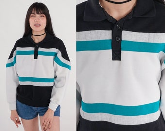 Striped Henley Sweatshirt 90s Color Block Pullover Sweatshirt Black White Blue Button up Sweater Retro Streetwear Vintage 1990s Mens Small S