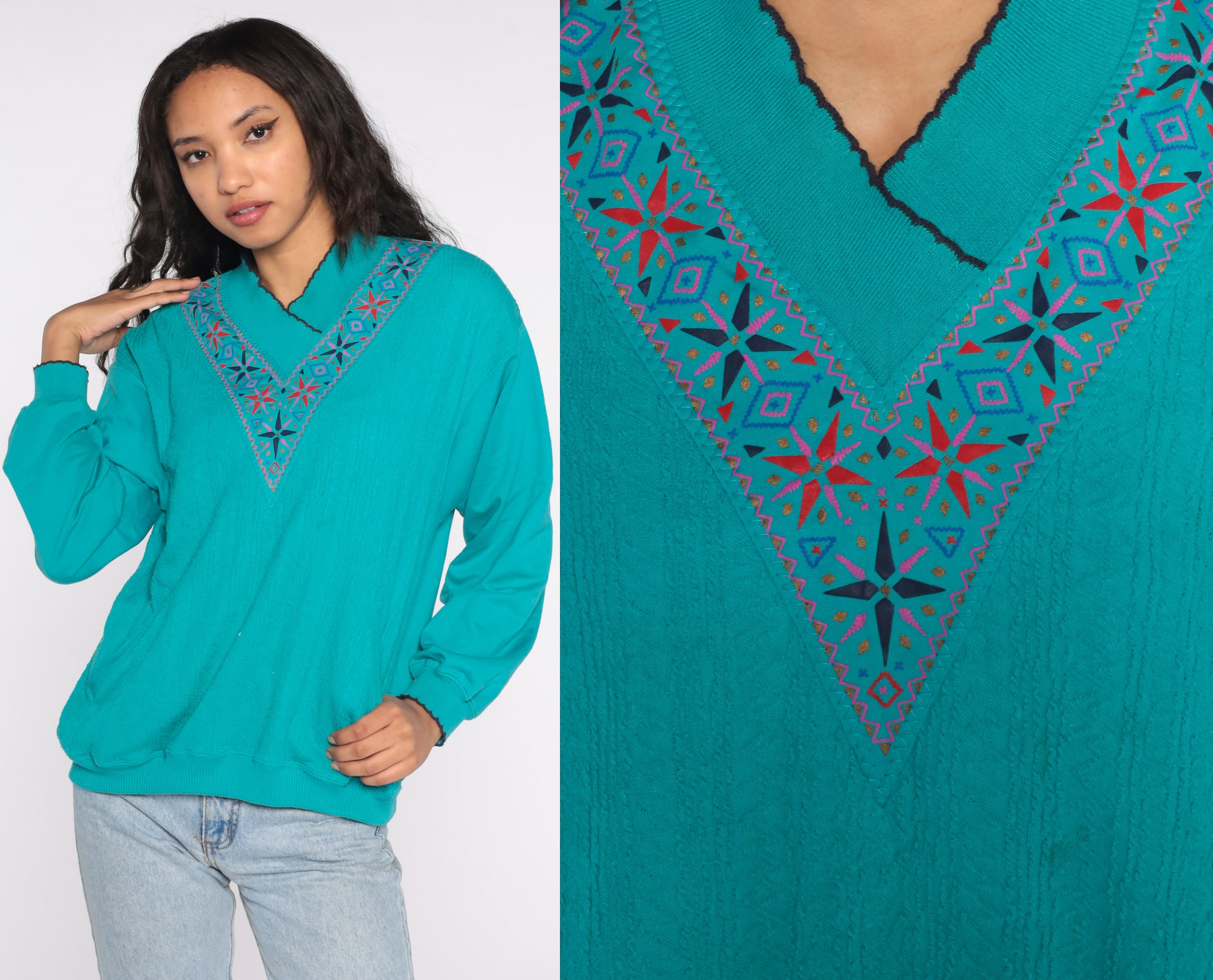 90s Teal Sweatshirt Geometric Necklace Print Scalloped Collar V Neck ...