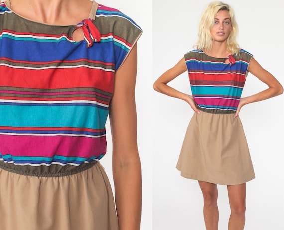Striped Mini Dress 70s Keyhole Dress 1970s Boho Keyhole High Waisted Retro Cut Out Dress Vintage Short Cap Sleeve Bohemian Small