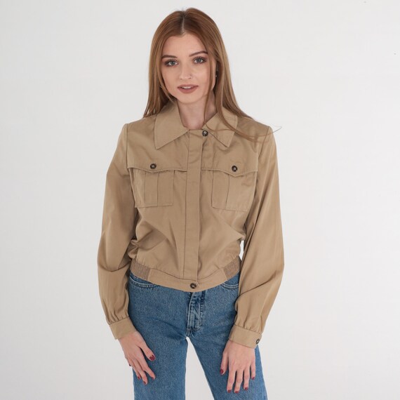 70s Cropped Jacket Tan Cargo Pocket Jacket Retro Bomber Simple Plain Neutral Seventies Sporty Crop Coat Collar Vintage 1970s Extra Small xs