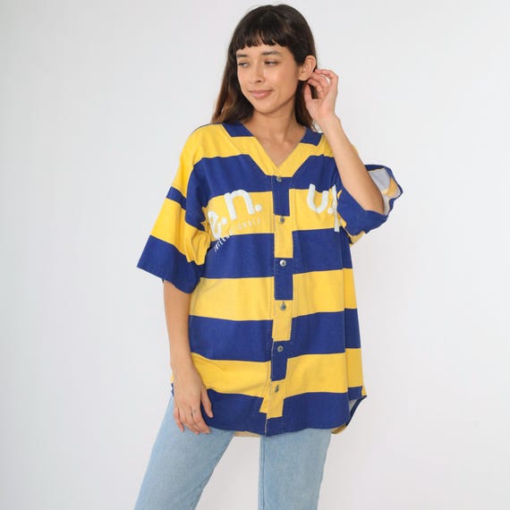 Vintage 90s Oversized Striped Shirt Enuf Button up Shirt Yellow Blue Short Sleeve V Neck Top Retro Streetwear Athletic 1990s Medium M