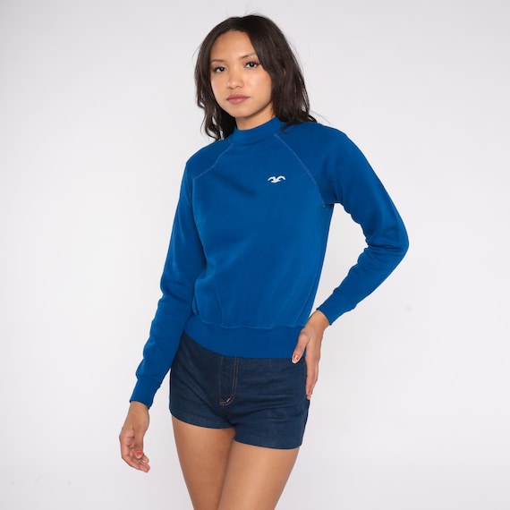 80s Wrangler Sweatshirt Royal Blue Bird Logo Juniors Medium Cropped Raglan Crewneck Pullover Athletic Sports Extra Small Adult Workout Top