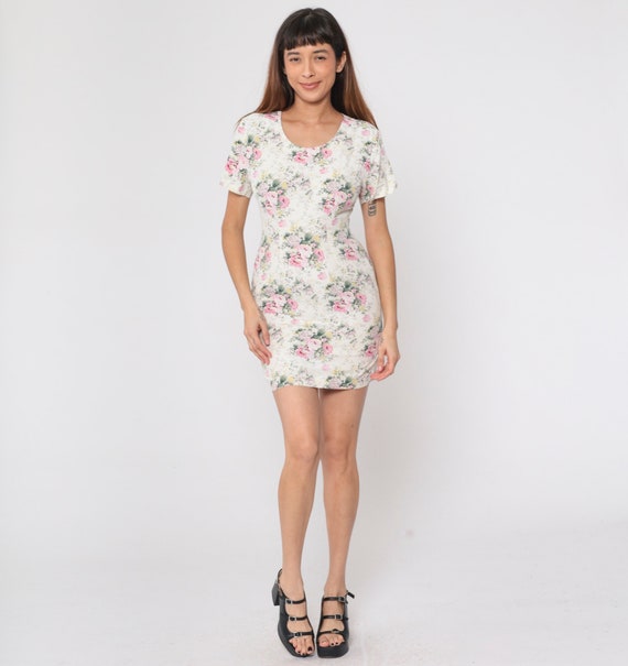 Cream Floral Dress 90s Mini Dress Short Sleeve Ro… - image 2