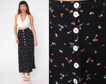 90s Floral Skirt Black Front Slit Button Up Skirt Maxi Boho Ditsy Print Skirt 1990s Long Vintage Hippie Festival Rayon Small 4