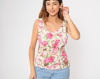 Y2K Floral Popcorn Tank Top Off-white Texture Blouse Stretchy Boho