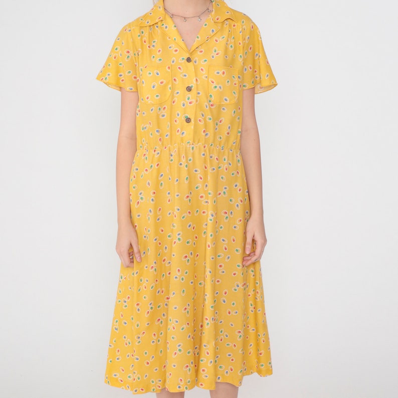 80s Day Dress Yellow Midi Dress Abstract Dot Print Button up Shirtwaist Short Sleeve Collared V Neck Retro Vintage 1980s Avon Extra Large xl image 6